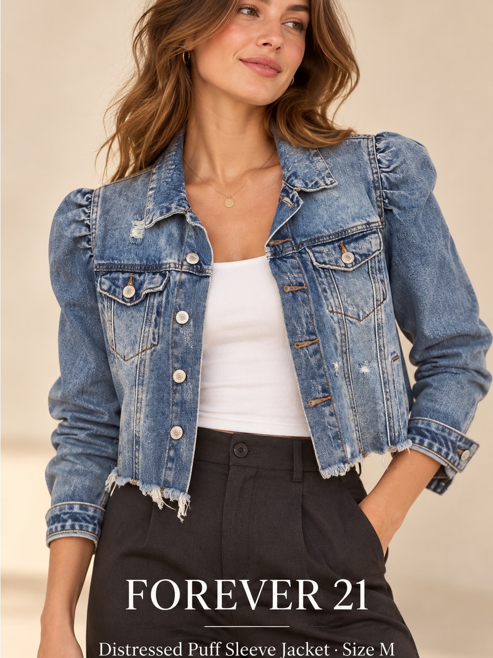Forever 21 Light Blue Distressed Puff Sleeve Denim Jacket